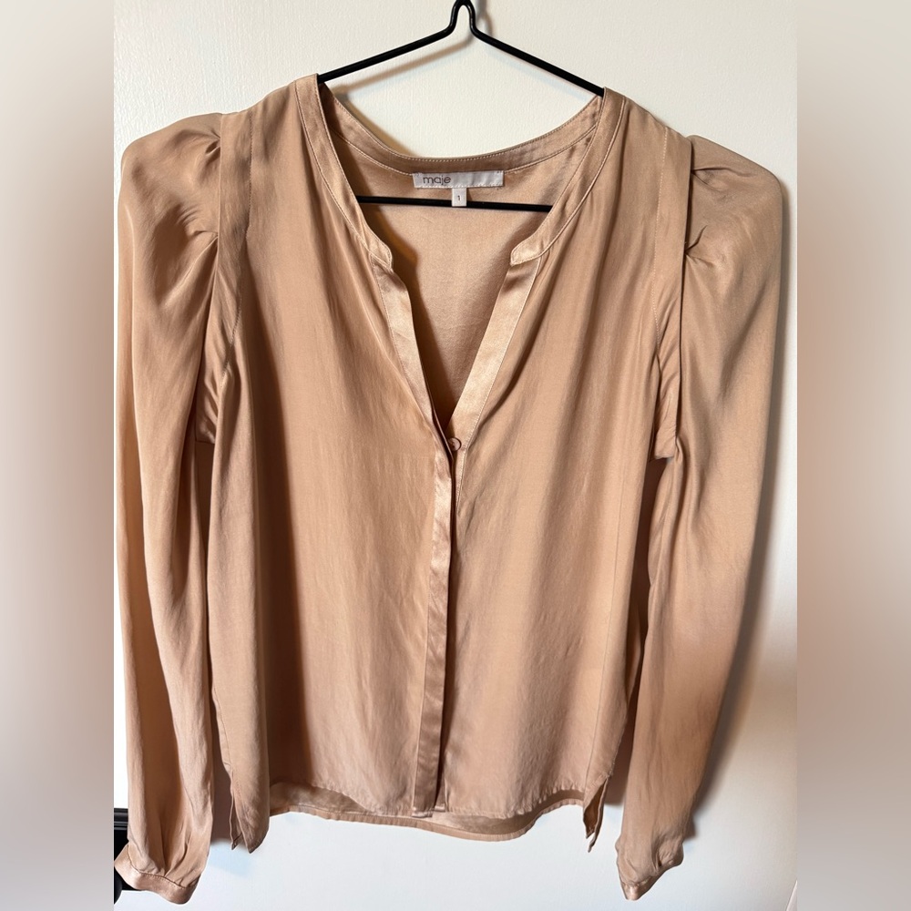 Maje Beige 100% silk puffed shoulder blouse (size 1)